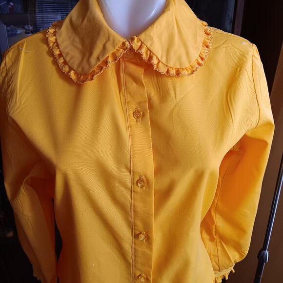 Medium Vintage 1960's Yellow Button-Up Blouse Ruffled Collar & Cuffs Mod Girl - Picture 3 of 8